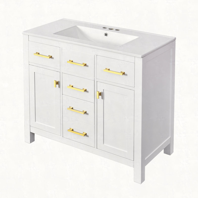 Ensemble de meuble-lavabo 36 po avec lavabo en céramique 36 po, armoire de salle de bain simple autoportante moderne avec 4 tiroirs et 2 armoires, meuble de rangement pour salle de bain, ensemble de meuble-lavabo à cadre en bois massif, 