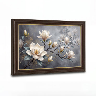 Art mural sur toile de magnolia blanc sur fond gris avec poussière d'or