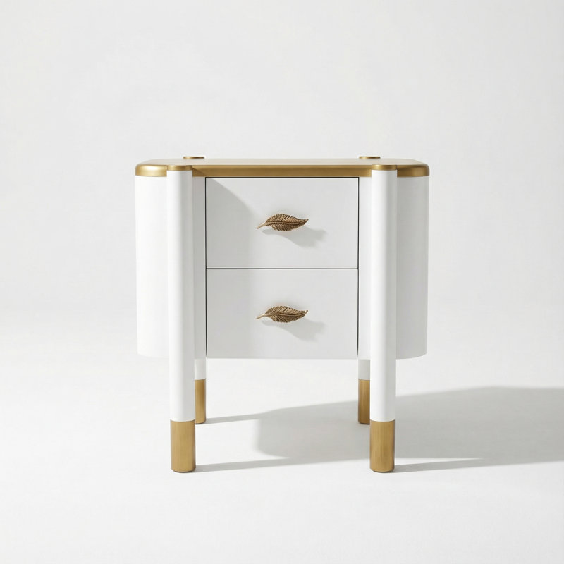 Table de chevet contemporaine à deux tiroirs avec profil incurvé et pieds exposés, table de chevet en forme de plumes, Blanc