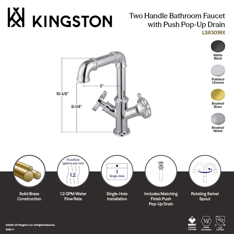 Kingston Brass Belknap Two-Handle 1-Hole Bathroom Faucet With Push Pop-Up Drain, Polished Chrome
