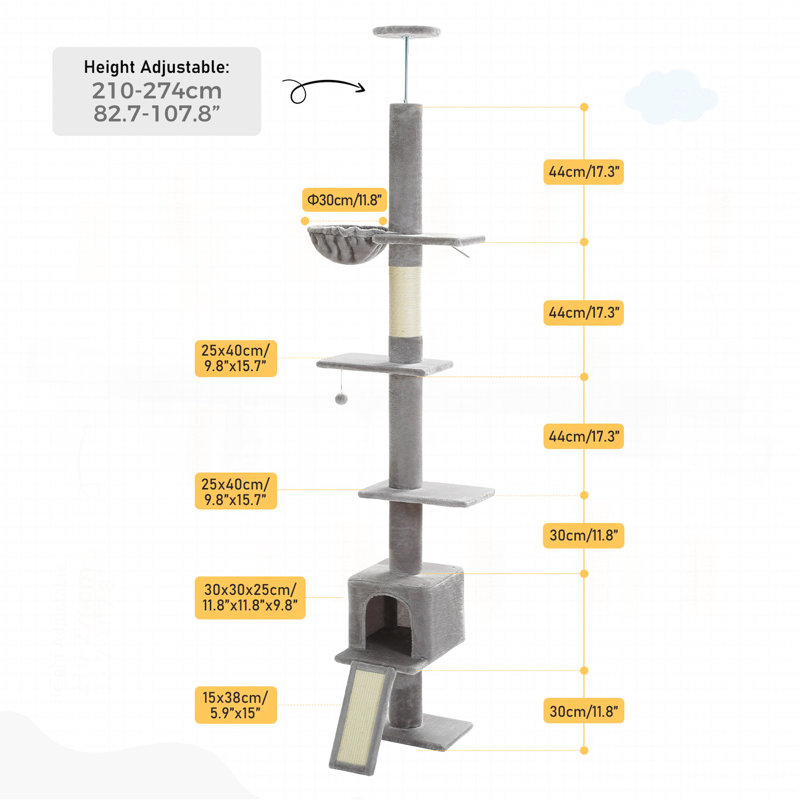 Arbre à chat gothique, du sol au plafond, haute tour à chat, arbre d'escalade à 5 niveaux pour chats d'intérieur avec maisonnette pour chat, poteau à griffes et échelle à hauteur réglable (83 po à 108 po)