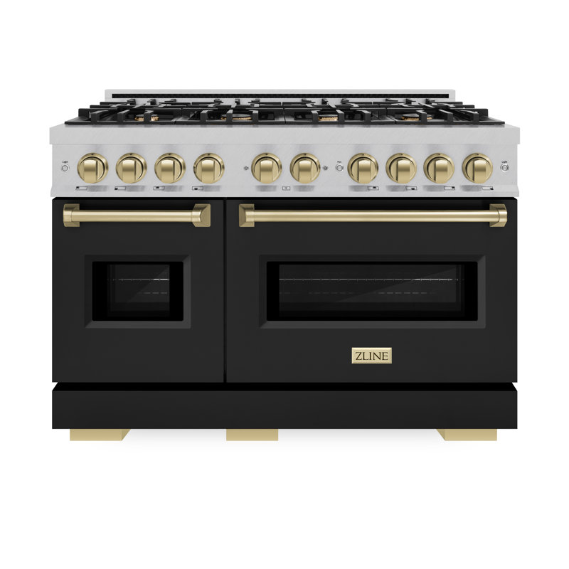 ZLINE Autograph 48" Classic Double Oven Dual Fuel Range w/ Champagne Bronze Accents, Black Matte/Satin Stainless Steel