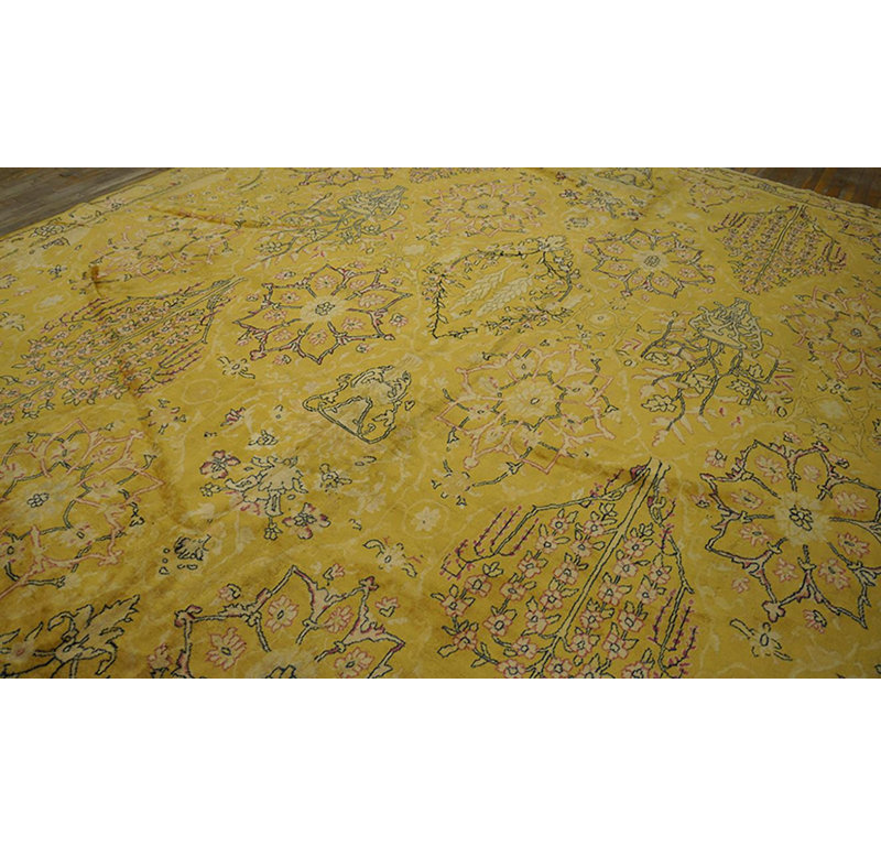 1920s Yellow Herati Antique Indian Lahore Carpet 11'x22'4" Wool Rug Handknotted