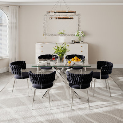 Clear Rectangle Pedestal Dining Set with Weaven Velvet Dininig Chair