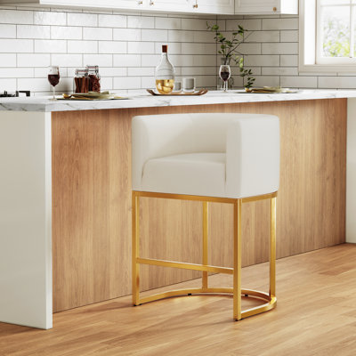 Tabouret de bar moderne Modern, tissu en lin blanc avec base en métal doré