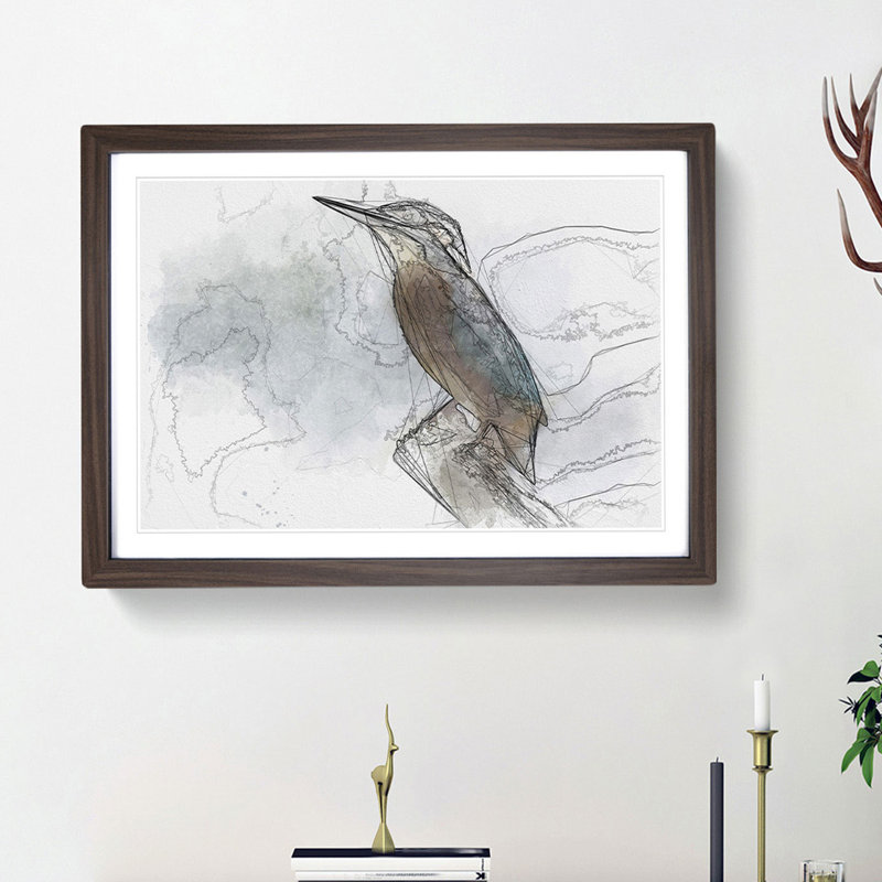 Graceful Kingfisher Bird - Picture Frame Graphic Art Print, 40cm H x 60cm W x 2cm D, Walnut Framed