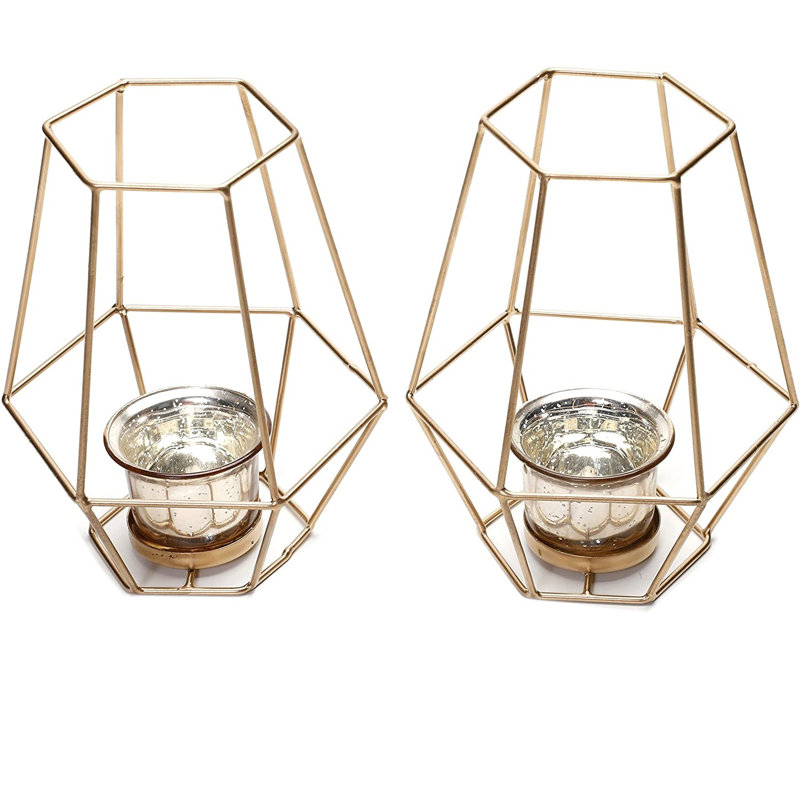 Ensemble de 2 porte-bougies en métal doré Hosley - Porte-bougies chauffe-plat 7 "avec coupes en verre - Décoration géométrique moderne pour le salon, la table et la pièce maîtresse