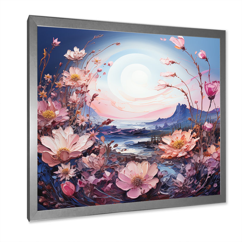 Lune mauve avec paysage de rêve, Cadre simple argenté, H 24 po x l 24 po x P 1 po