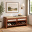 Banc de rangement à chaussures de style bohème avec siège rembourré aspect lin et tablette ouverte