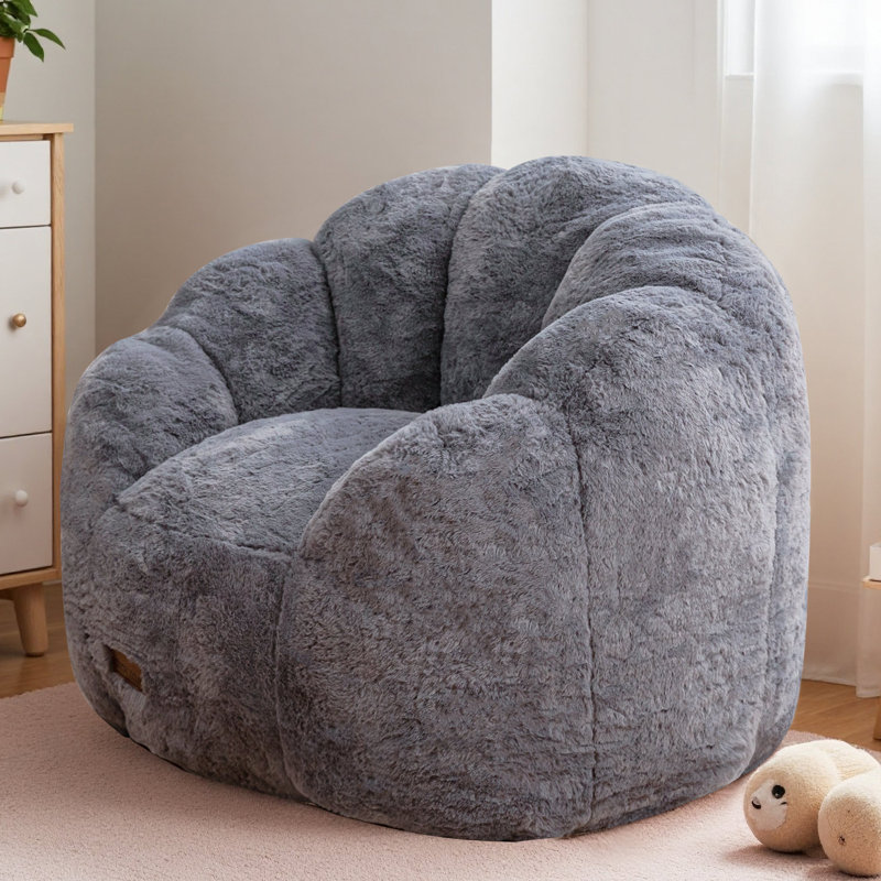 Floral Shaped Kids Bean Bag Chair, Gray Faux Fur