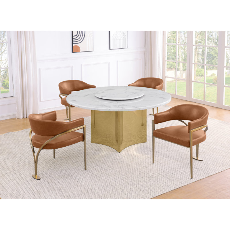 Ensemble de salle à manger en marbre blanc avec chaises Lazy Susan et Leathaire, Caramel