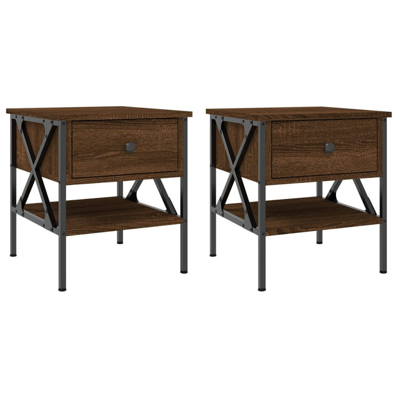 Tahnaout 40 cm W Iron Bedside Table, Brown Oak, Set of 2