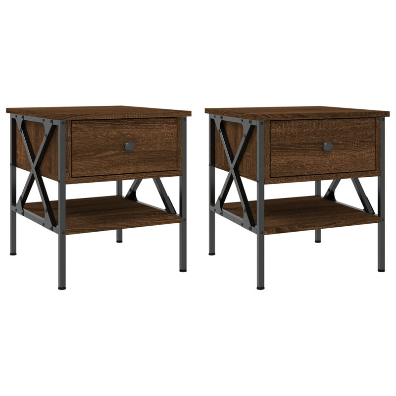 Tahnaout 40cm W Iron Bedside Table, Brown Oak, Set of 2