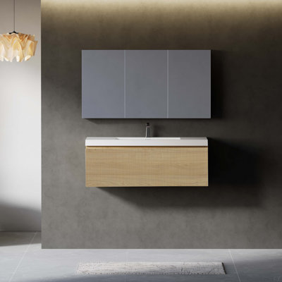 Meuble-lavabo mural 42 po avec tiroir à fermeture en douceur et lavabo à surface solide blanc brillant