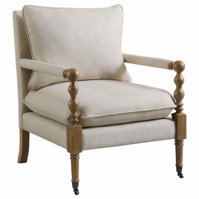 Chaise d'appoint en bois beige avec pieds tournés, coussins moelleux et finition élégante en chêne foncé pour plus de confort et de style