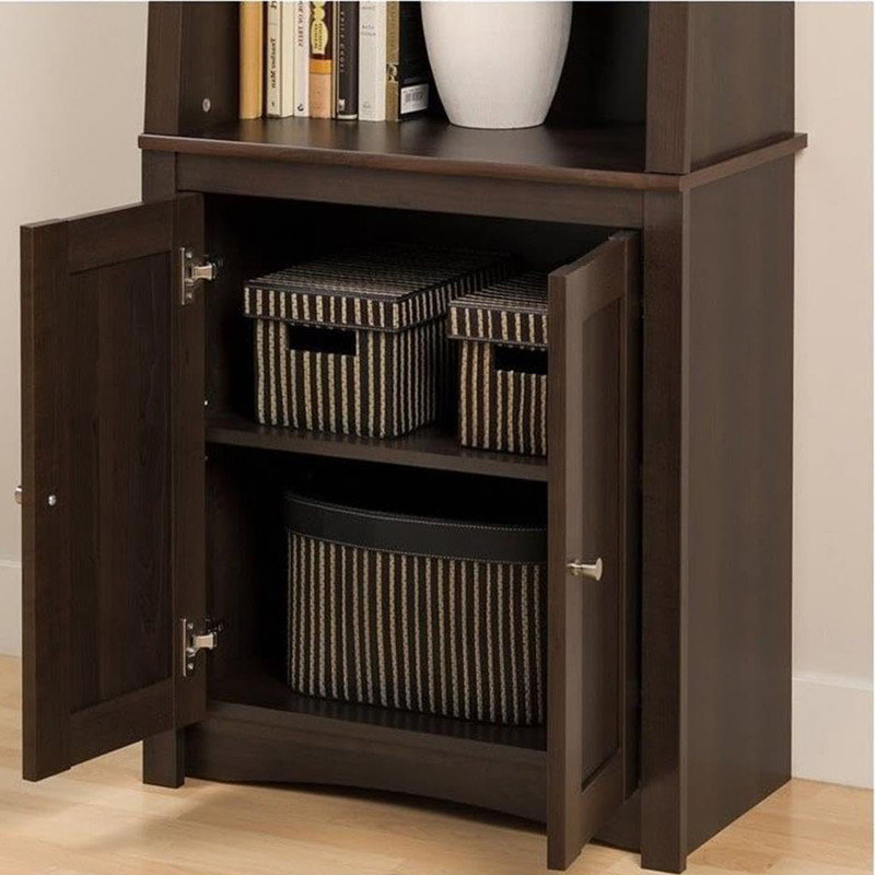 Tall 4 Shelf Slant-Back Bookcase with Doors, Shaker Doors Conceal a Lower Compartment with One Adjustable Shelf, Espresso