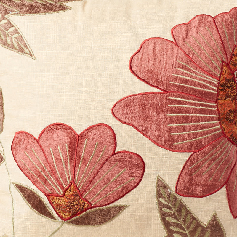 Beige and Red Floral Embroidered Cotton Velvet Throw Pillow