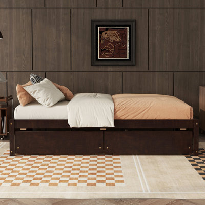 Twin Bed With 2 Drawers, Solid Wood, No Box Spring Needed ,Espresso