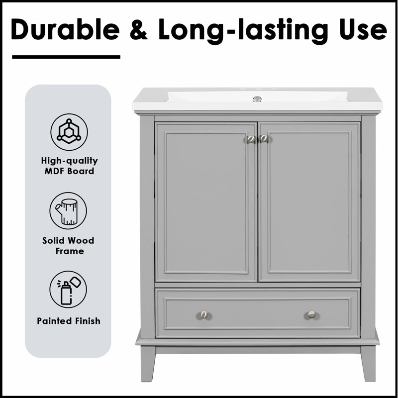 Meuble-lavabo gris 30 po avec lavabo, armoire de rangement multifonctionnelle et tiroir, cadre solide et panneau de fibres à densité moyenne