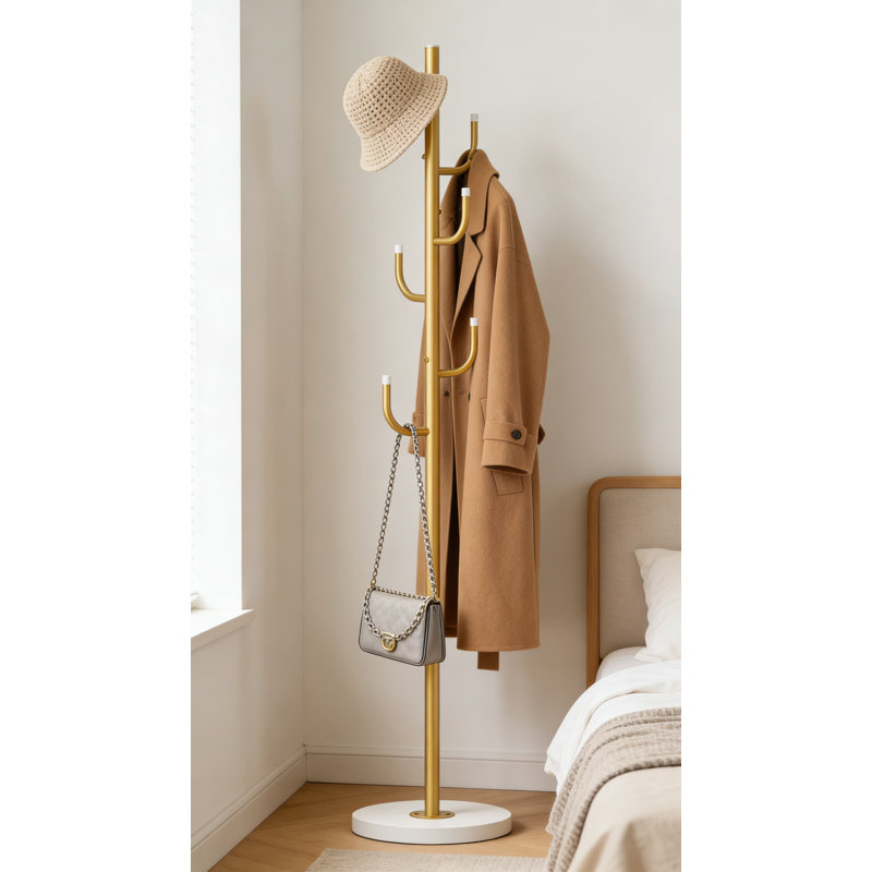 Heavy Duty Freestanding Coat Rack With Stable Wood Base, Adjustable Height Standing Clothes Tree With 6 Hooks For Bedroom And Entryway Organization