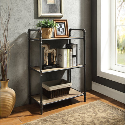Bibliothèque en chêne antique et gris sablé. 3 designs avec tablettes en métal. Rangez vos livres et vos décorations. Structure de tablette de l 24 po x l 36 po x P 14 po. Construction. Organisation efficace. 14 po.
