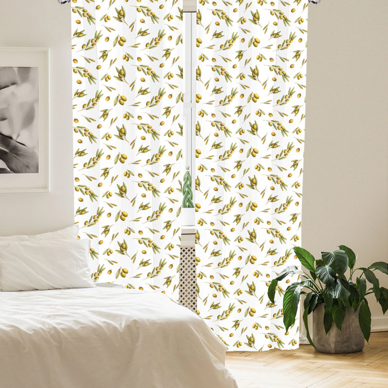Green and Yellow Leaf Print Light Filtering Rod Pocket Curtains