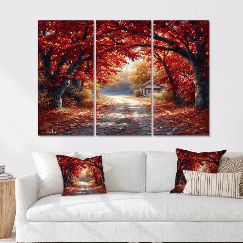 Red Autumn Road Coming Home - Ensemble d'art mural arbre, Toile tendue, H 40 po x l 60 po x P 1 po