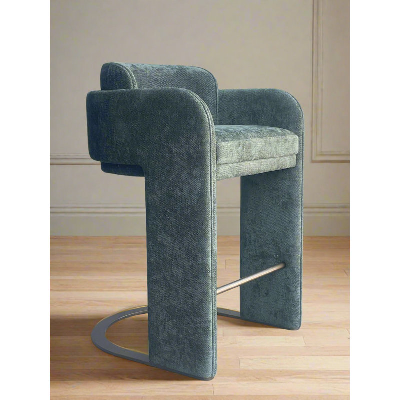Tryphosa Upholstered Stool with Backrest, Footrest, and Sculptural Metal Base – Modern Luxury Counter Seating, Blue