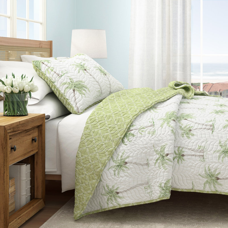 Ensemble de courtepointe réversible vert / blanc Palm Tree, Courtepointe double / grand + 2 taies décoratives