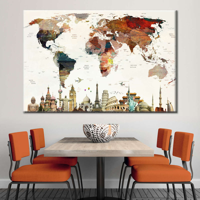 «Colorful Stains World Map», reproduction sur toile, L 16 po x H 24 po