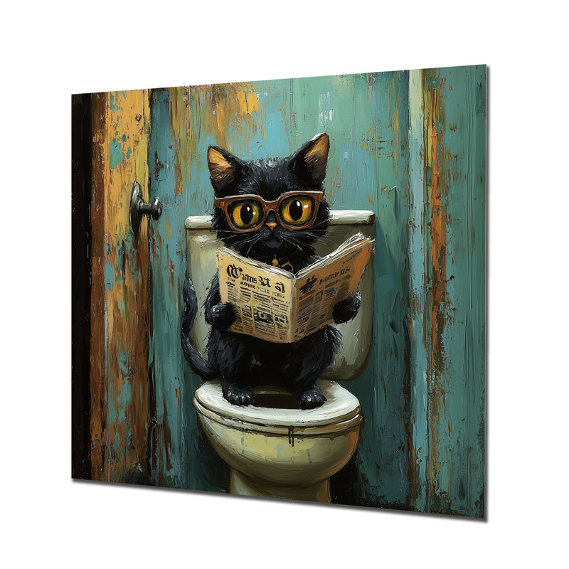 «Cute Cat Ready», journal sur la toilette II - reproduction d'art moderne en métal, décoration murale chat en métal