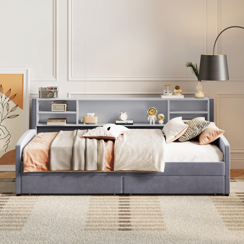 Lit plateforme simple tapissier avec rangement spacieux et tablette intégrée, gris (aucun sommier requis, fabrication robuste)