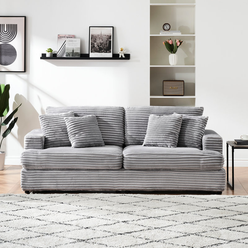 Spacious And Comfortable Corduroy Sofa With Four Matching Throw Pillows For Ultimate Modern Living Room Relaxation, Gray