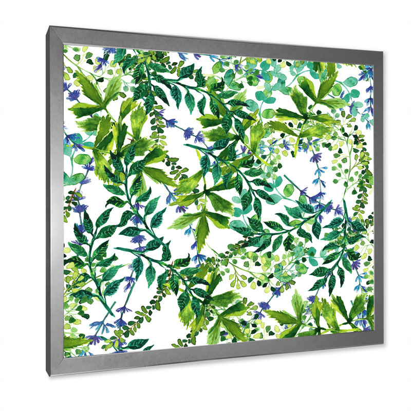 Herbes vertes et feuilles sur fond blanc - peinture sur toile, H 17,5 po x l 17,5 po, Cadre argenté