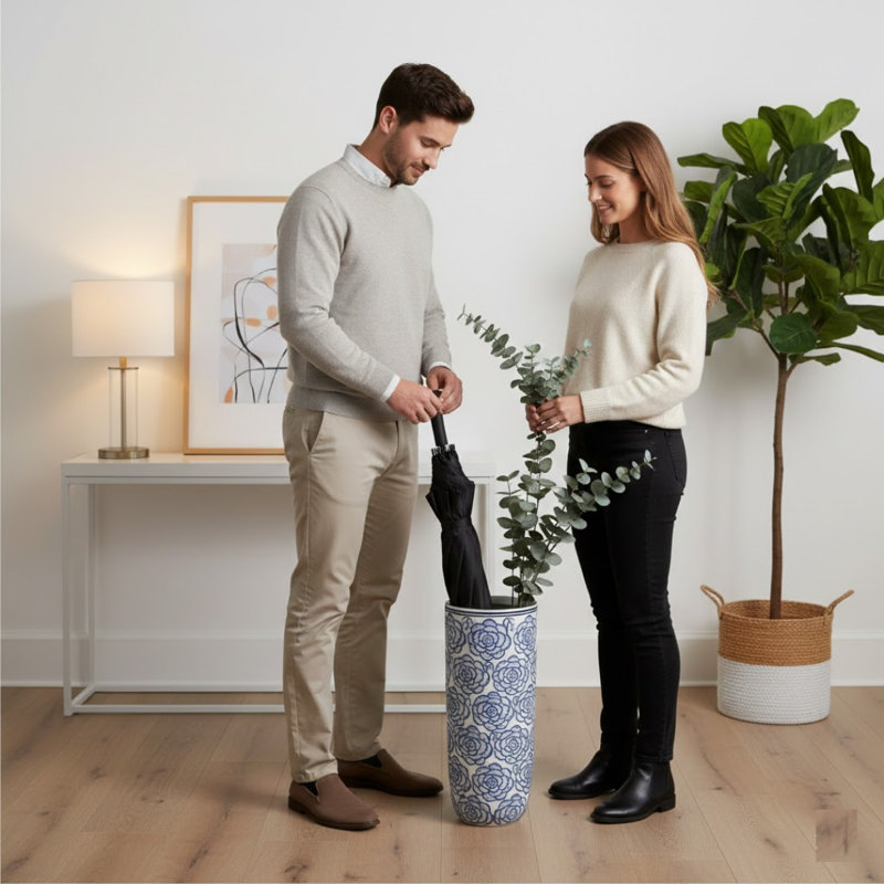 Stylish Ceramic Freestanding Umbrella Stand – Glazed Vase for Umbrellas, Walking Sticks & Flowers, 18" x 8"