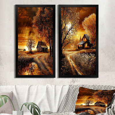 «Autumn Barn Country Sunset I», art mural sur toile campagne, ensemble de 2 décorations murales