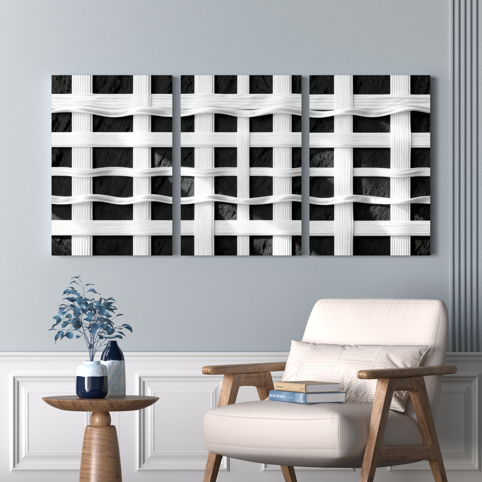 Ivy Bronx Black and White Woven Grid Pattern Abstract Canvas Wrapped ...