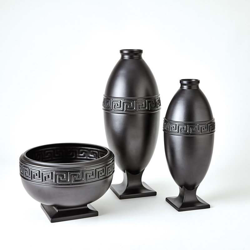 Greek Key Handmade Ceramic Table Vase, 22.5" H x 8.5" W x 8.5" D, Black