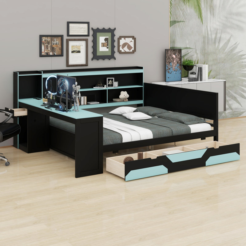 Multi-Functional Gaming Daybed with Built-in Desk, Charging Station and Storage Drawers, Black+Blue, Queen