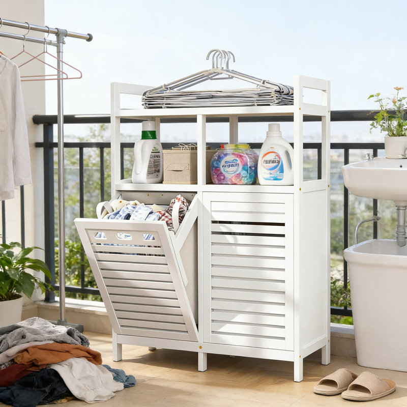 Tilt-Out Laundry Hamper Cabinet With 2 Removable Baskets, 20 Gallon Laundry Sorter Organizer With Storage Shelf, Solid Bamboo Construction For Bathroom Or Laundry Room