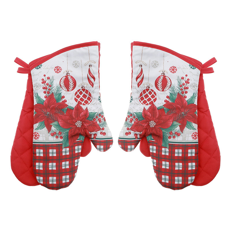 Ensemble de 2 gants de cuisine 14 "(2 pièces) (poinsettia avec ornements)