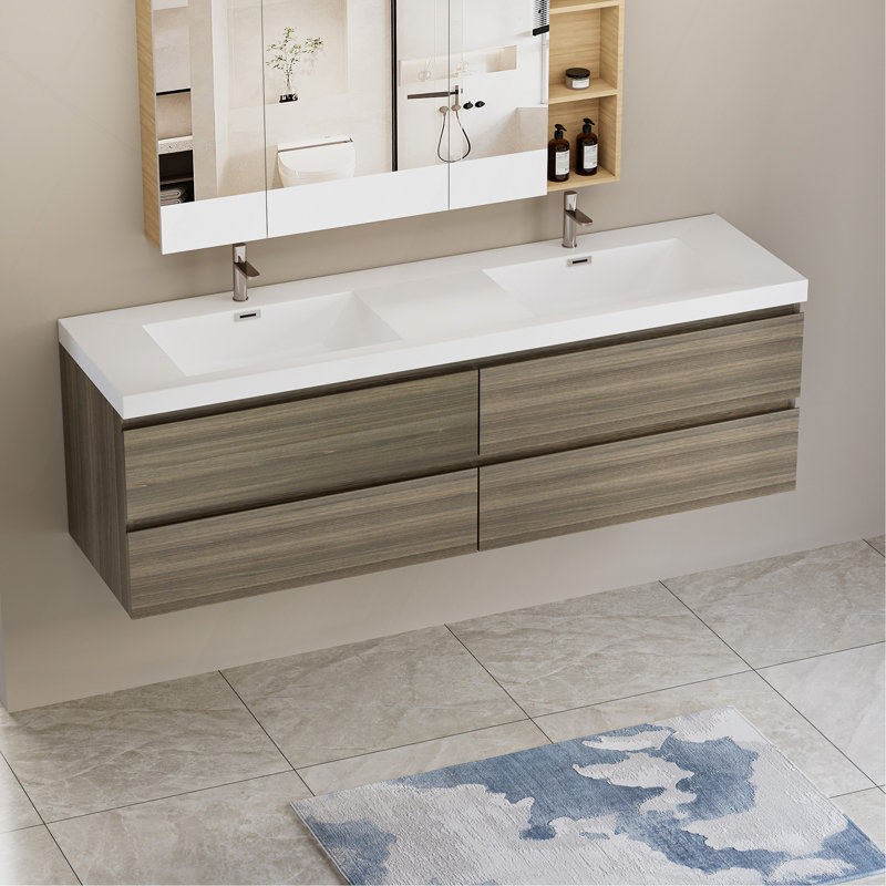Meuble-lavabo mural 72 po avec lavabo 72 po, meuble-lavabo mural moderne avec lavabo à surface solide, Gris