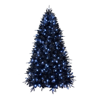 8ft Black Christmas Tree with 600 White LED Lights - Pre-lit Artificial Tree with 2486 PE+PVC Tips, Hinged Structure & Stable Metal Stand for Halloween & Holiday Decor