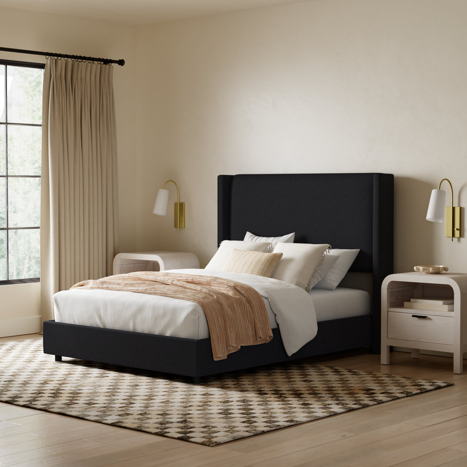 Hanson Upholstered Wingback Bed, Queen, Classic Black Linen