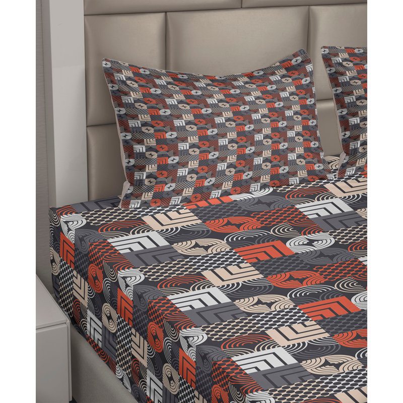 Ambesonne 90's Sheet Set Circles in Square Form Plot Dark Purple Grey and Blush, Full Sheet Set with 2 Pillowcases