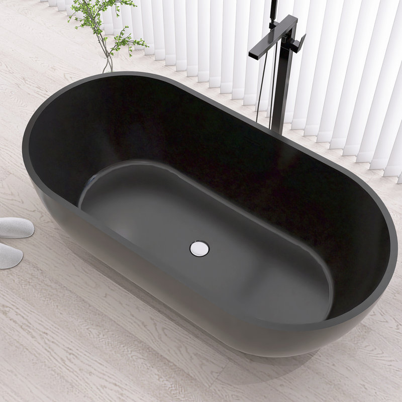 59" L x 29.5" W Freestanding Solid Surface Soaking Bathtub With Drain Pipe, Matte Black