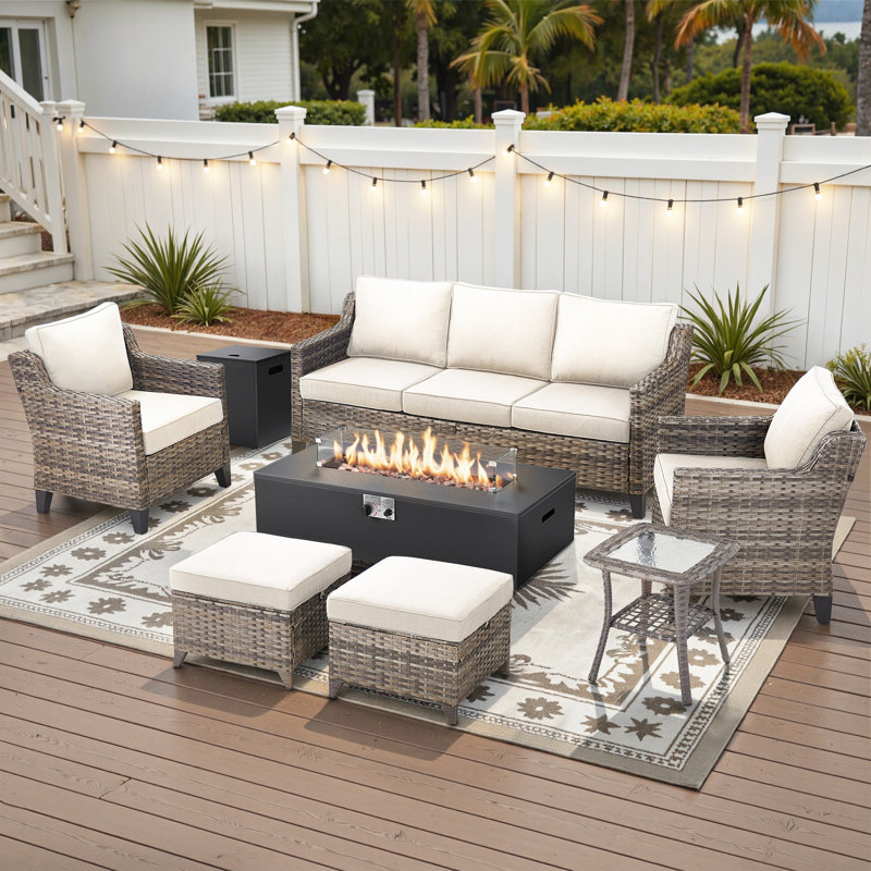 7 - Person Outdoor Wicker Patio Conversation Furniture Sofa Set With Fire Pit Table, Beige