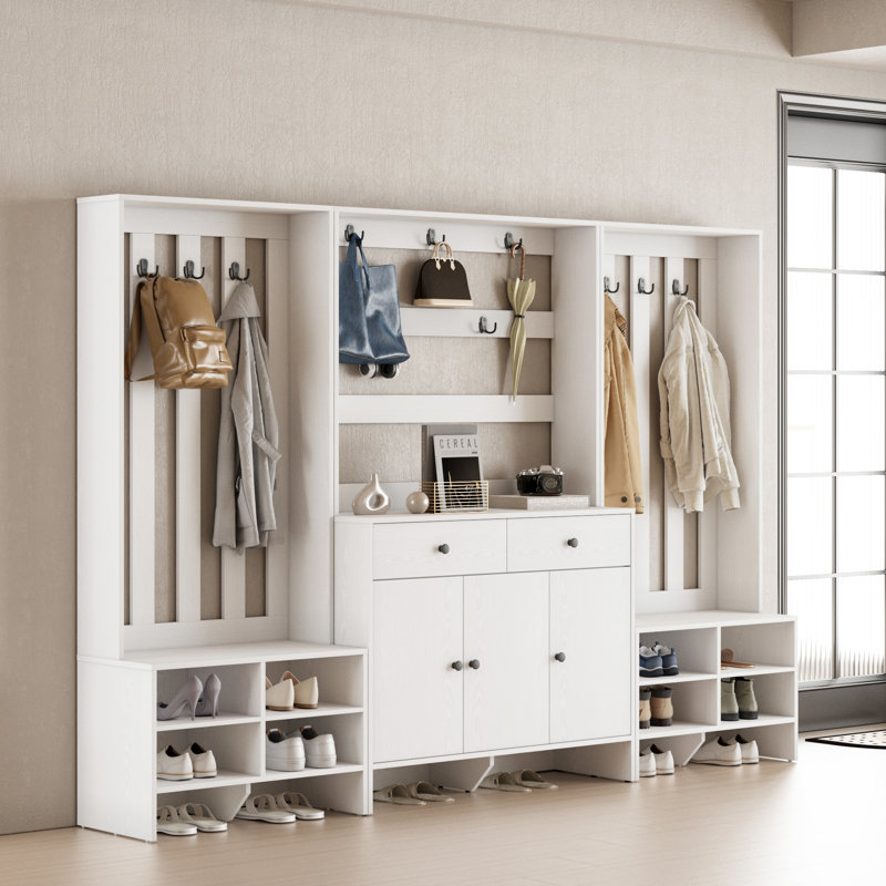 30 Pair Shoe Cabinet With Drawers, Entryway Shoe Storage Organizers With Door Cabinet & Hall Tree, White