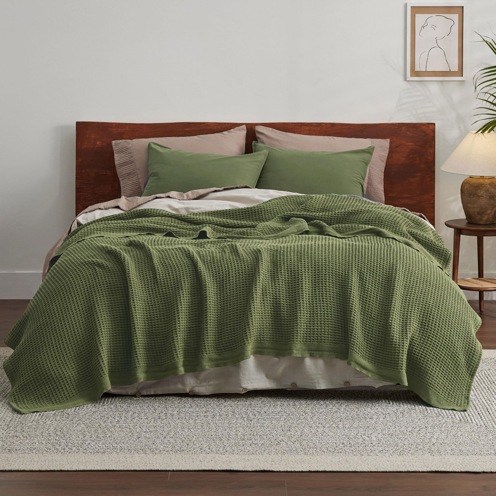 Bedsure Cotton Waffle Weave Throw Blanket, Twin XL, Olive Green