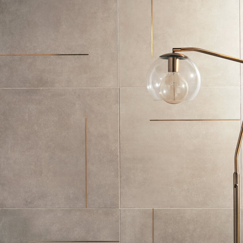 Lines 24x24 Matte Brass Inlay Porcelain Tile, Greige